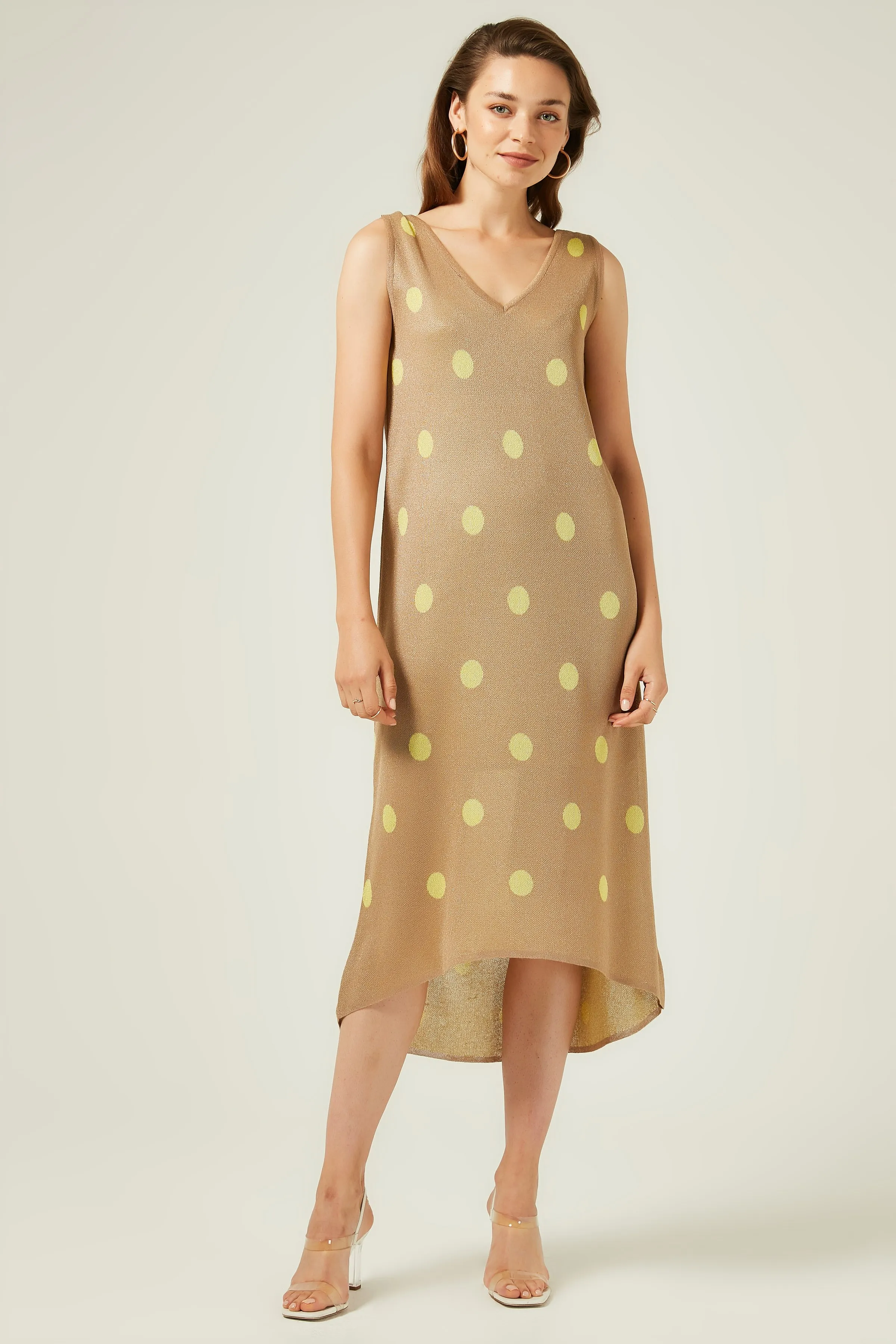 Платье-Свитер в горошек с v-образным вырезом-K. Бежевый | Женская одежда