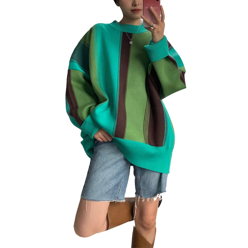 

Autumn Winter Oversize Korean Style Contrast Sweater Matching Striped Women Long Sleeve Knitted Pullover Loose Streetwear Jumper