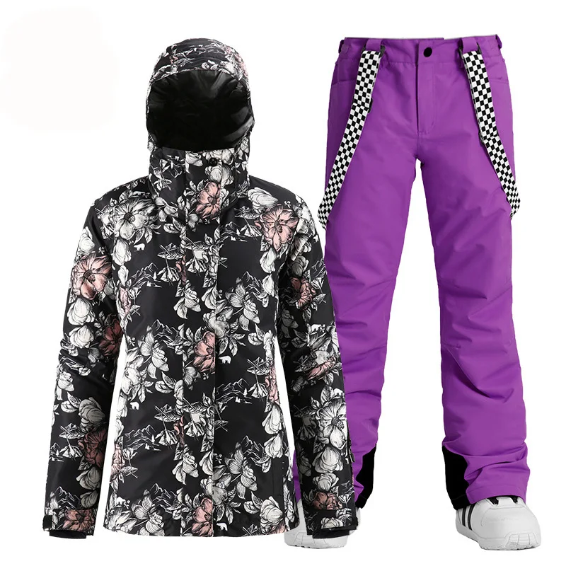 Модные чёрные цветы с защитой от снега костюм Одежда для катания на сноуборде