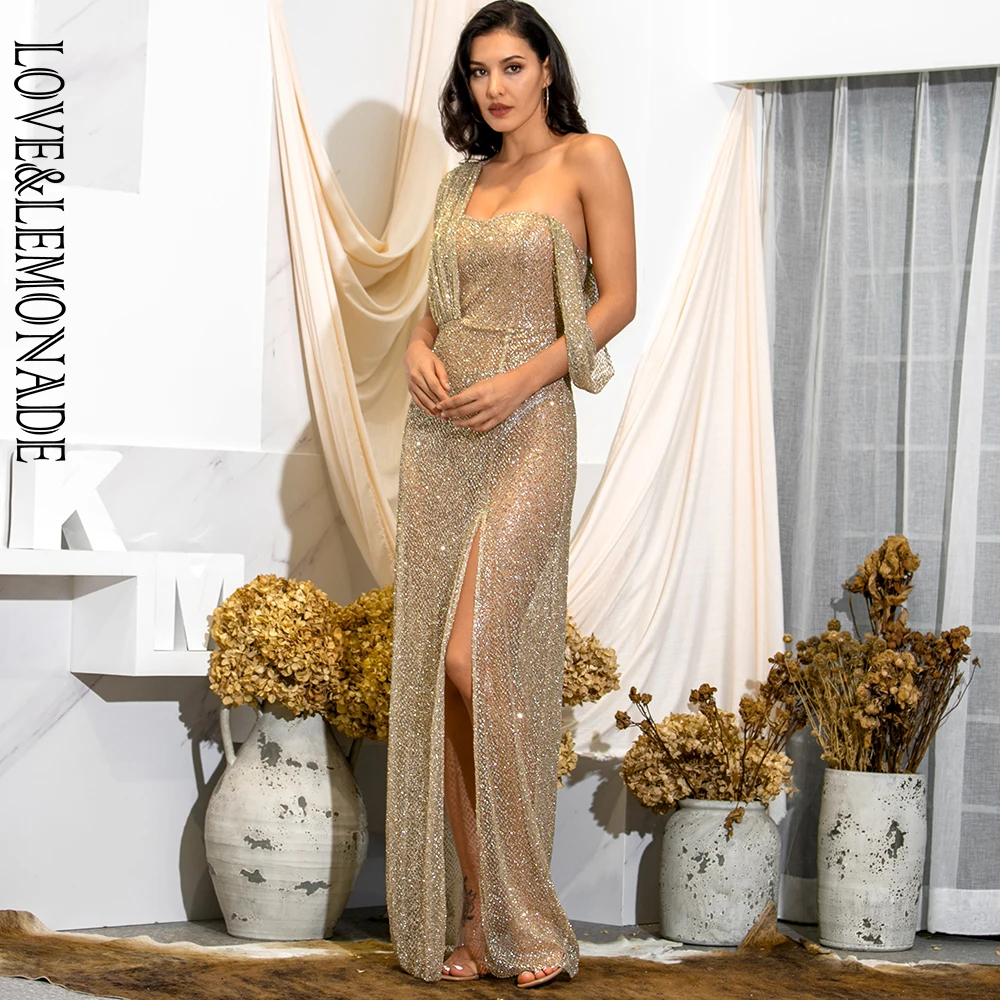 Женское драпированное платье LOVE & LEMONADE золотистое Макси в горошек с разрезом