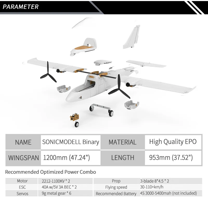 SonicModell бинарный RC FPV Самолет Твин мотор БПЛА Дрон комплект размах крыльев 47,24 дюймов/1200 мм