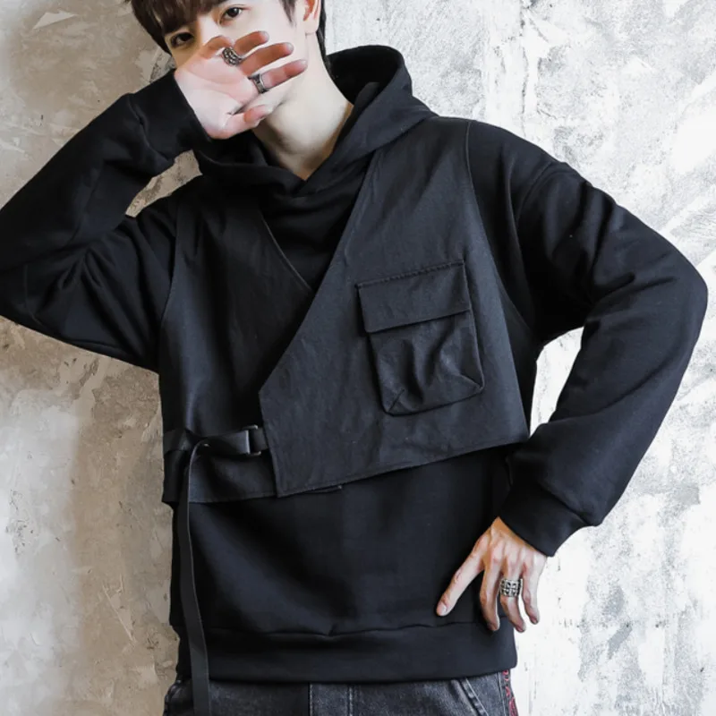 

Autumn Solid Color Fake Two-piece Hoodie Men Korean Fashion Loose Casual Hooded Pullover Mens Streetwear Hip-hop Pullover Hooded