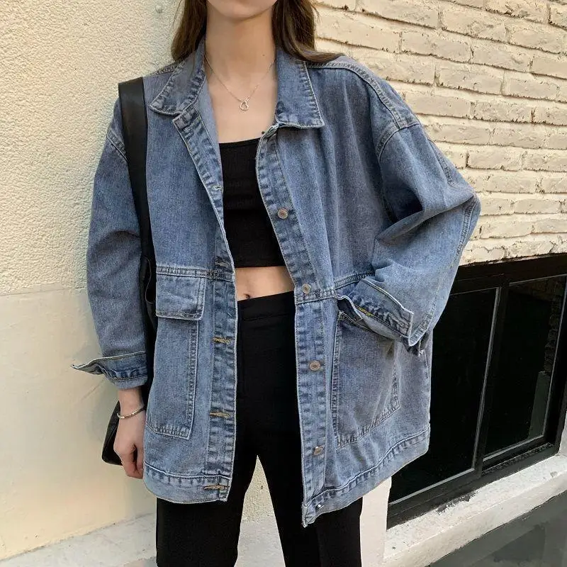 

Denim Coat Female Student 2021 Spring And Autumn Korean New Loose Versatile Large Pocket Medium And Long Frock Top Jean Jacket