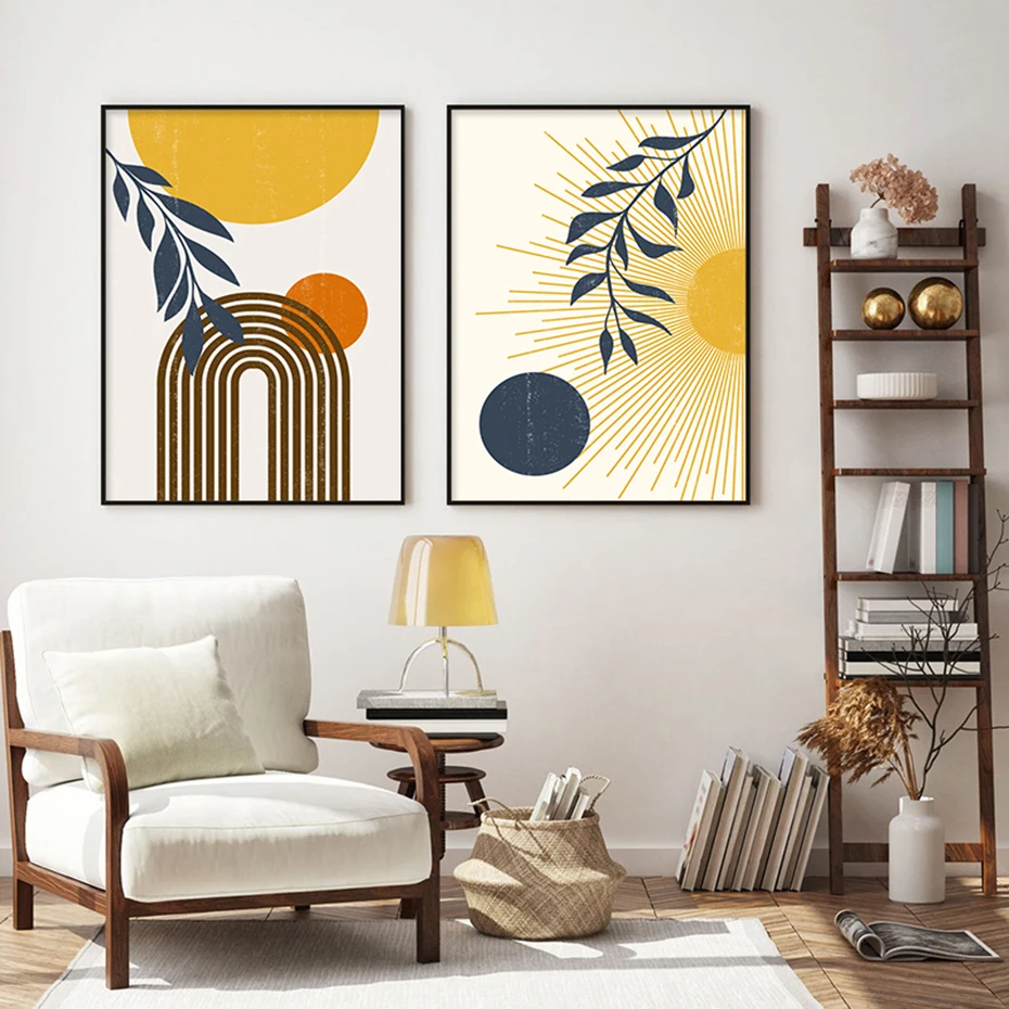 Бохо Wall Art желтого цвета с изображением солнца Луны записки сотрудников холст