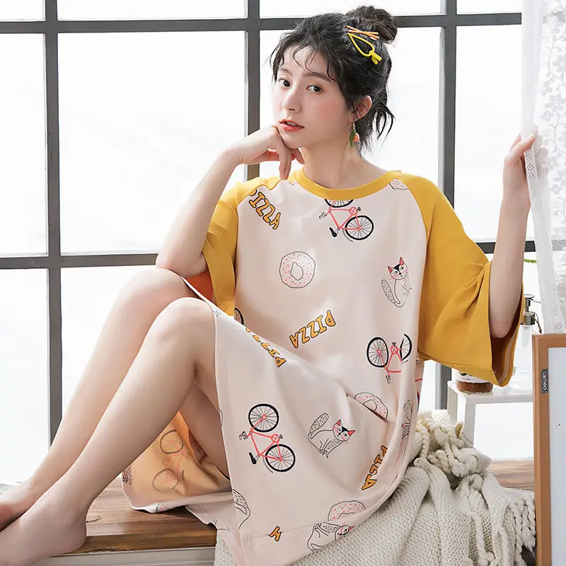 

Nightgowns Women Cartoon Printed Lovely Large Size 2XL Home Wear Korean Style Girls Womens Outerwear Suitable Loose Leisure Chic