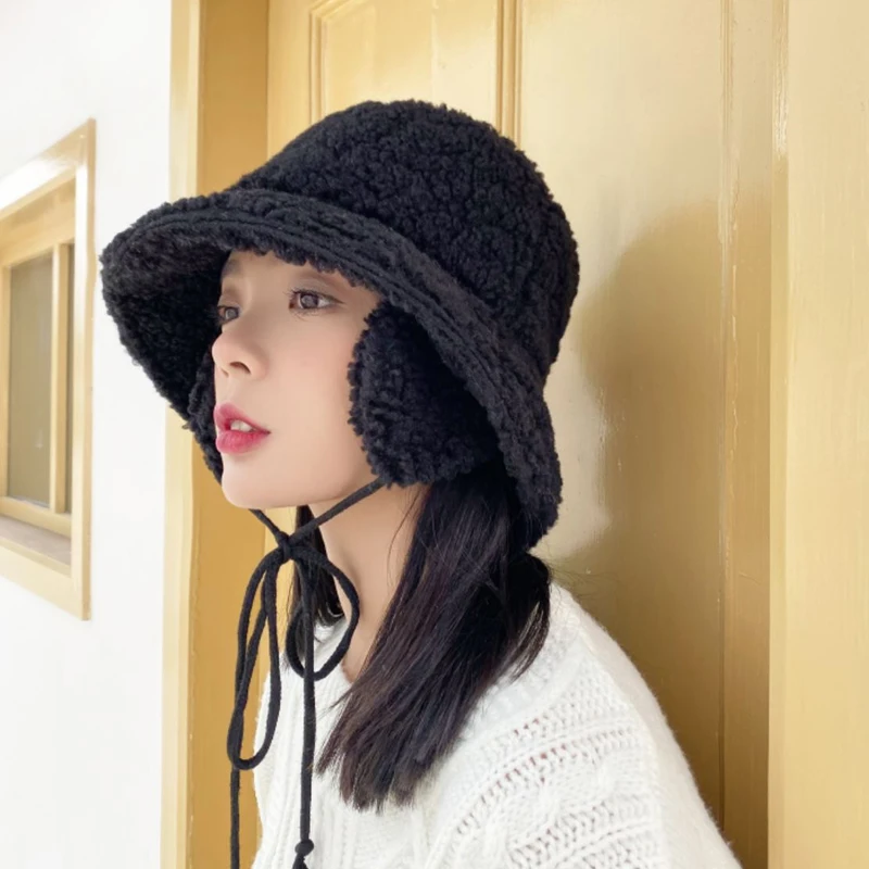 Korean Fashion Hats Women Autumn Winter Bucket Hats Warm Lamb Plush Soft Fisherman Hat Harajuku Casual Caps Female Lady Flat