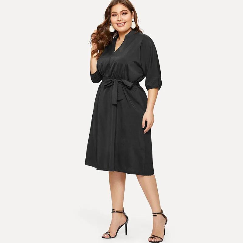 BK1 COCOEPPS L-6XL, женские платья размера плюс, осенне-зимнее платье, элегантная свободная одежда большого размера, повседневные офисные платья с длинным рукавом - Цвет: BK1