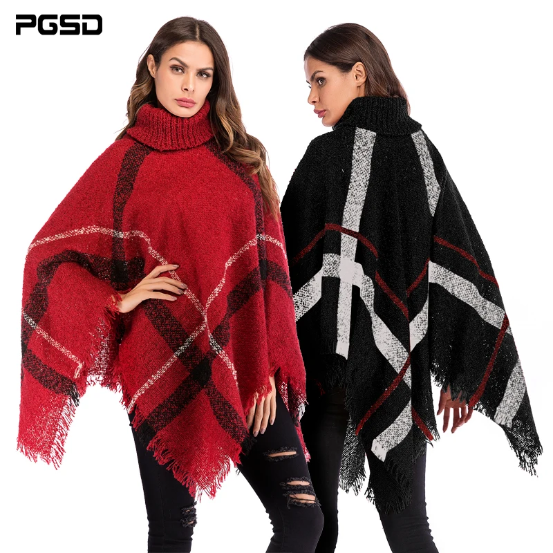 

PGSD Autumn winter casual Irregular Plaid fringed Cape shawl Turtleneck bat sleeve women knitted sweater Cloak Pullover clothes