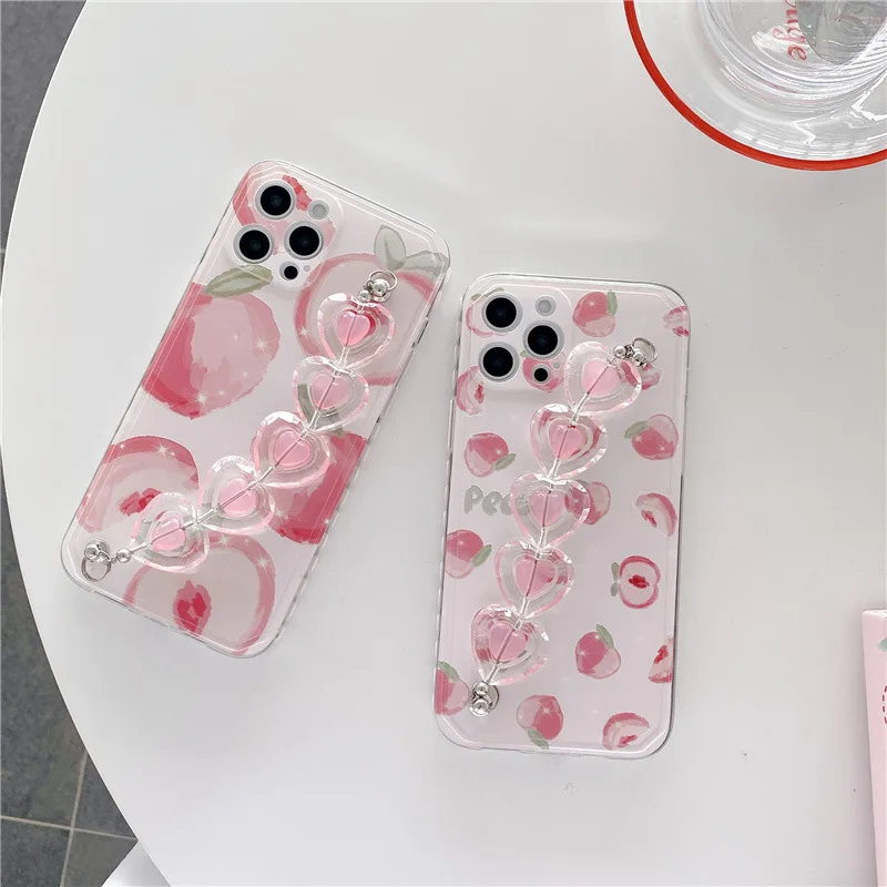 

Pink Peach Bracelet Transparent Phone Case For Iphone 11 12 Mini Pro Max Xs X Xr 7 8 Plus Se Soft Shockproof Protective Cover