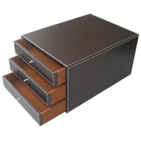 3 layers office pu leather desk filing cabinet a4 paper file document holder wooden desk organizer magazine storage box 3 drawer