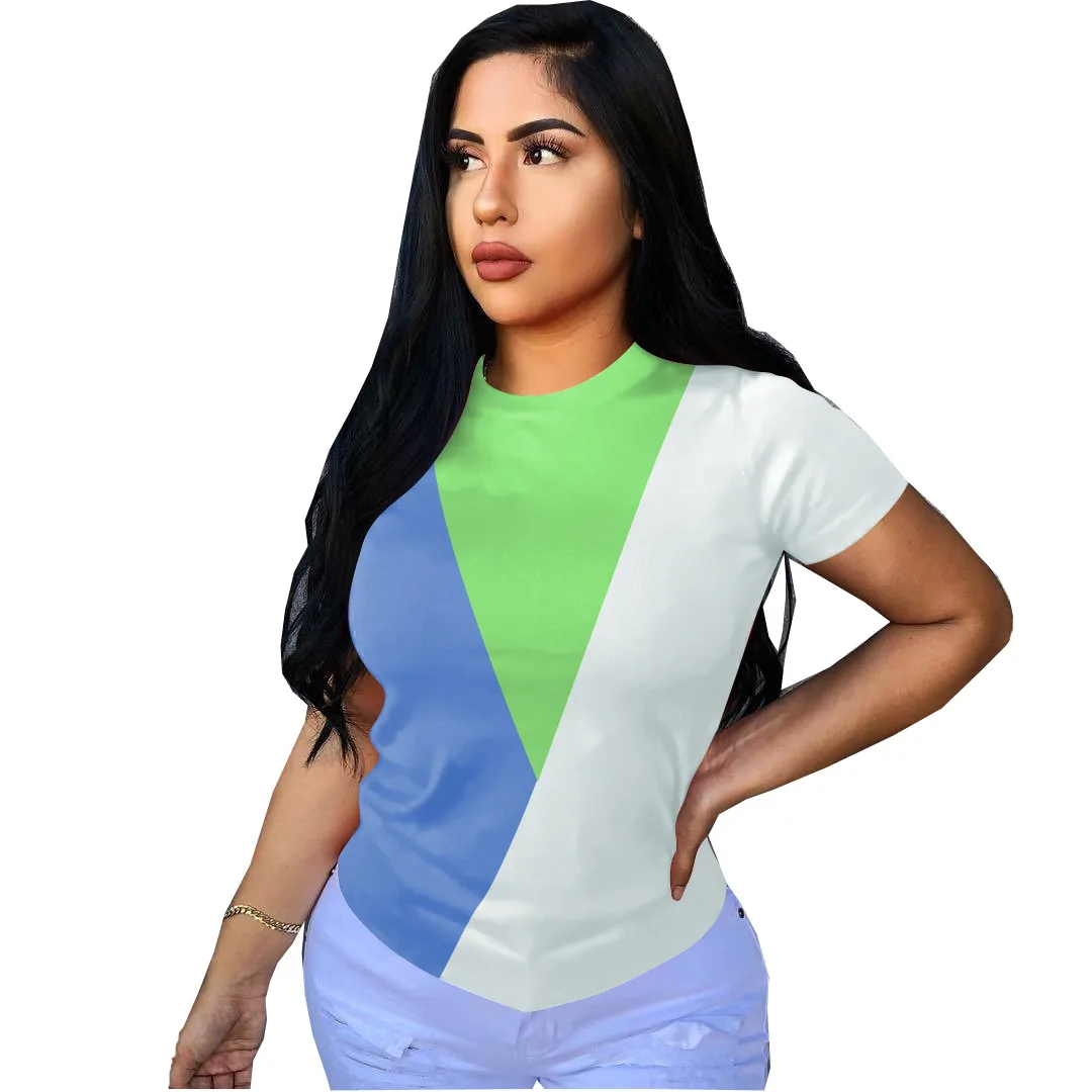 

Summer Color Matching Tshirt Women's Fashion Casual Round Neck Short Sleeve Stitching Color Top Tshirt Women