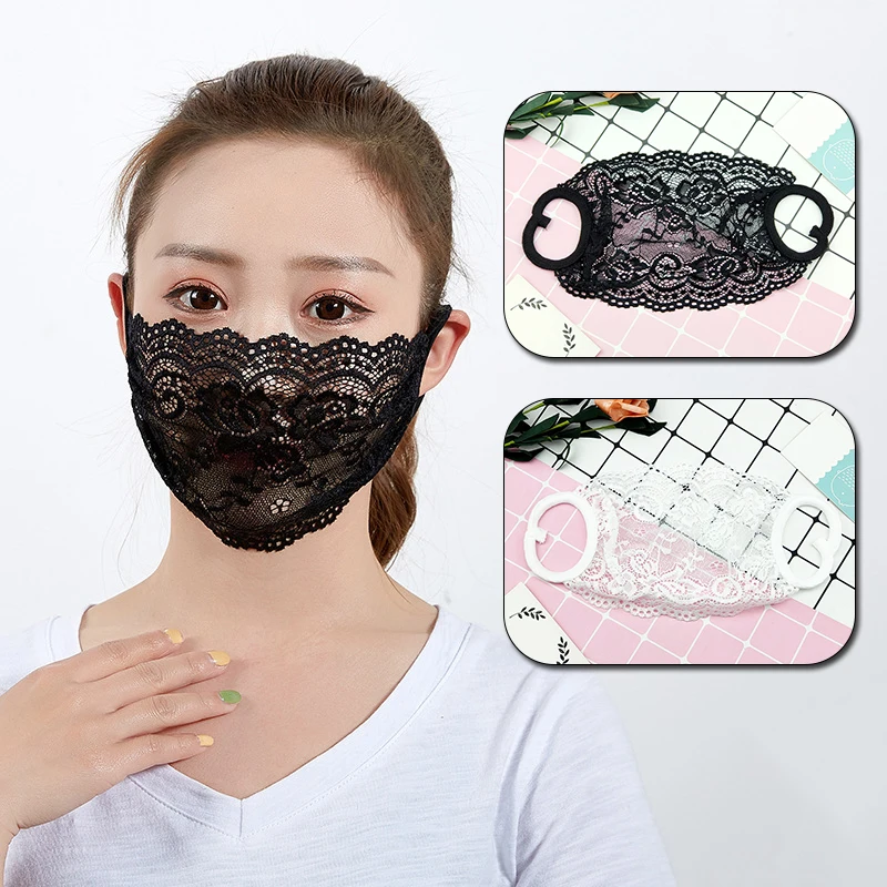 

Elegant Black Lace Mask Women Single Layer Breathable Mask For Face Cap Summer Sunscreen Mouth Muffle Earloop Bandage