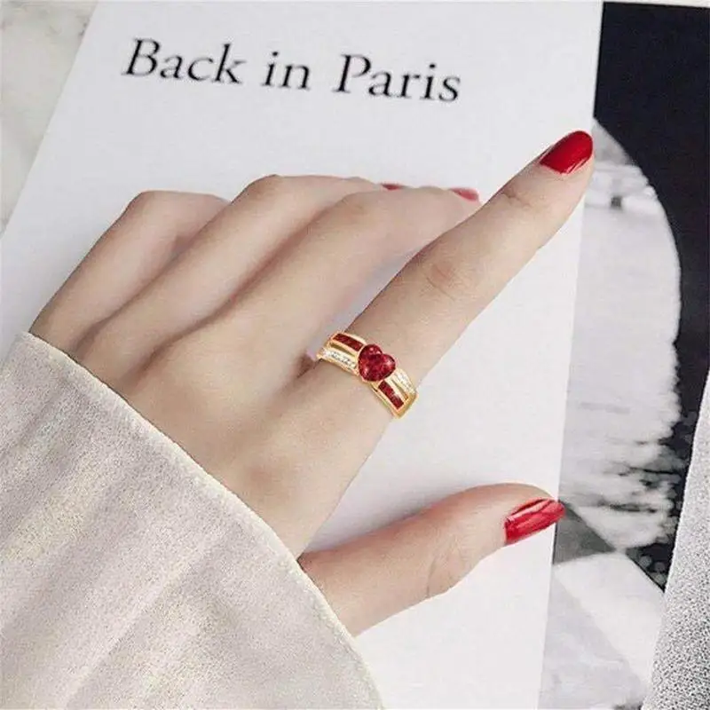 Женское кольцо в форме сердца розовое золото красный рубин Золотое циркониевое с