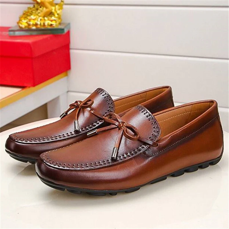 

Brown Men Flats Genuine Leather Slip-on Loafers Moccasins Casual Flat Shoes Man Dress Shoes Footwear Men's Smoking Walking Shoes