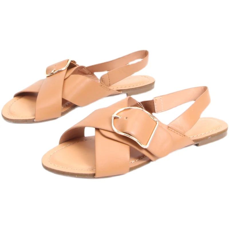 

2021 Sandals All-Match Ladies Shoes Summer Strappy Heels Suit Female Beige Cross Large Size Buckle Open Toe New Fashion Gladiato