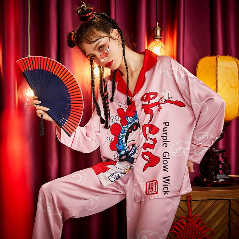 Summer Pajamas Women Sleepwear Chinoiserie The Tide High Quality Snow and Ice Silk Plus Size Pajama Set Princess Style Spring