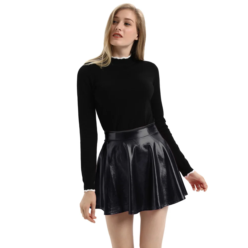 Женская юбка плиссированная Ретро стиль ИМИТИРОВАННАЯ КОЖА блестящая юбка с высокой талией ампир мини-юбки