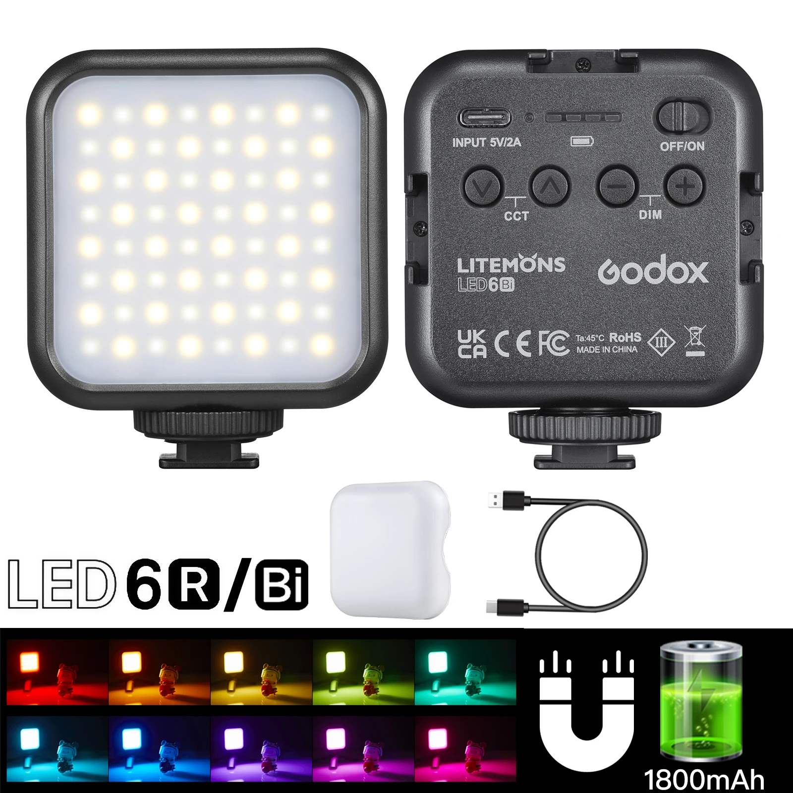 

Godox 6R RGB LED Video Light,Dimmable 0-360 Full Color 3200K-6500K 13 FX Effects Built-in 1800mAh Li-ion Battery for Video Light