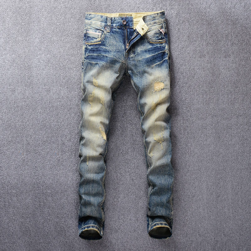 

Fashion Streetwear Men Jeans Slim Fit Destroyed Ripped Jeans For Men Vintage Design Patch Embroidery Classical Jeans Denim Pants