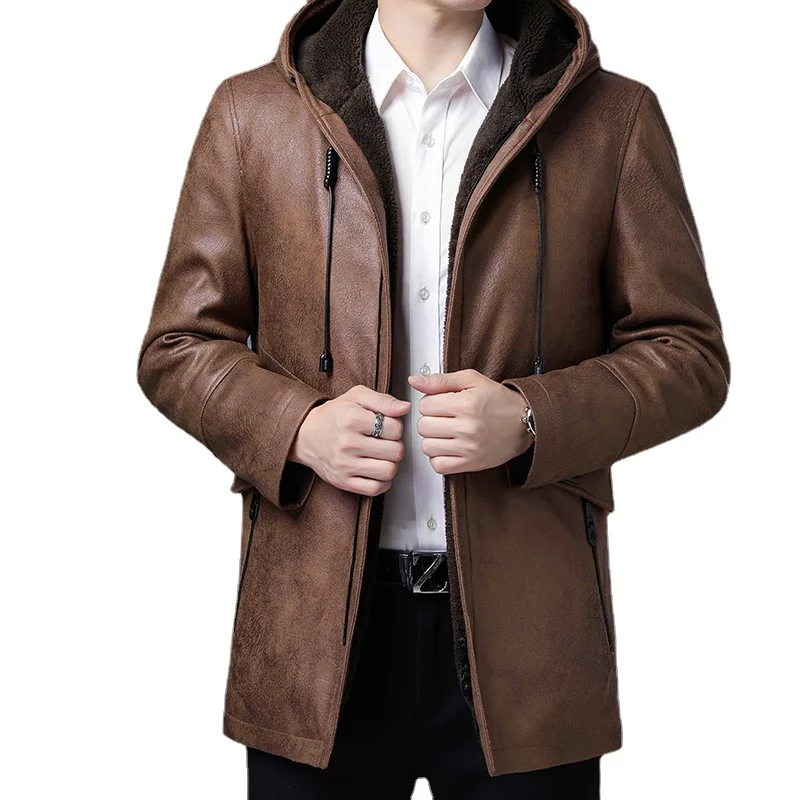 

hooded Thick Leather Jacket Men Soft Mens PU Jackets Fur Collor Casual Coats Man Solid Windbreaker Waterproof Businessman Wear