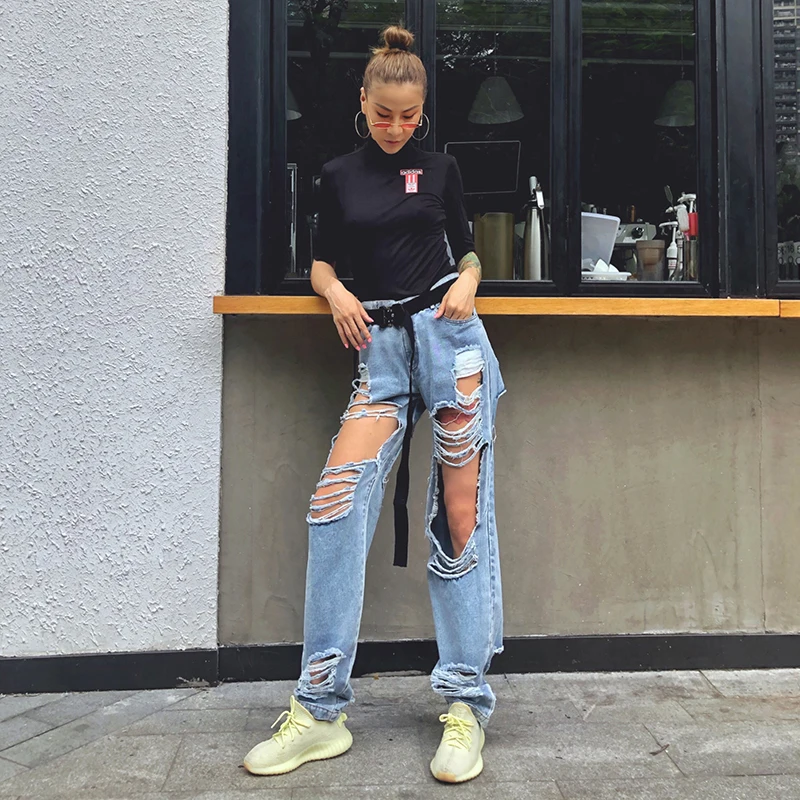 TWOTWINSTYLE Streetwear Ripped Hole Straight Denim Pants For Women High Waist Pants Female Fashion Clothes Summer New