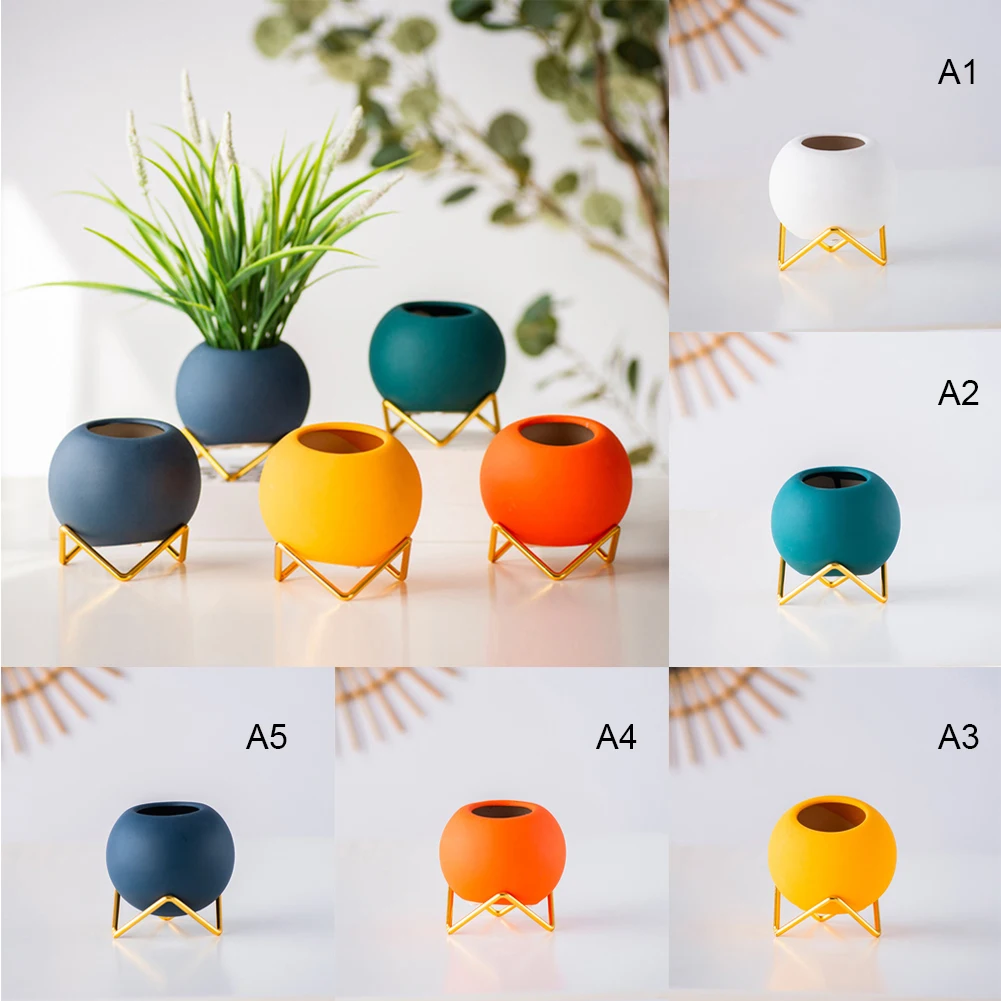 

Round Small Flower Vases Ceramic With Gold Metal Holder For Table Decoration Nordic Yellow Blue Orange Vase Porcelain Plant Pot