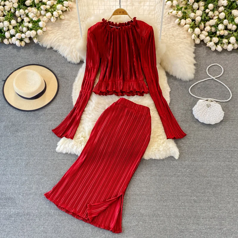 

Women Two Piece Set New Spring Autumn Fashion Clothing Sets Solid O-neck Long Sleeve Folded Blouse and Midi Pleated Skirt Suits