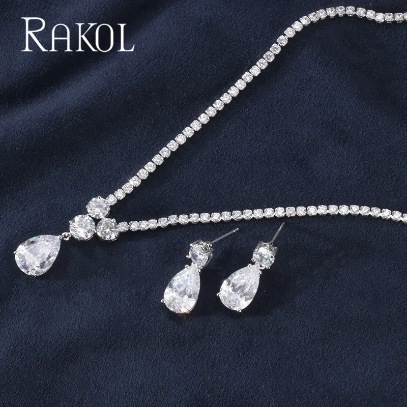 White RAKOL Новая мода Роскошные AAA циркон форма капли воды ожерелье серьги набор украшений для женщин вечерние свадебное платье аксессуары - Окраска металла: White