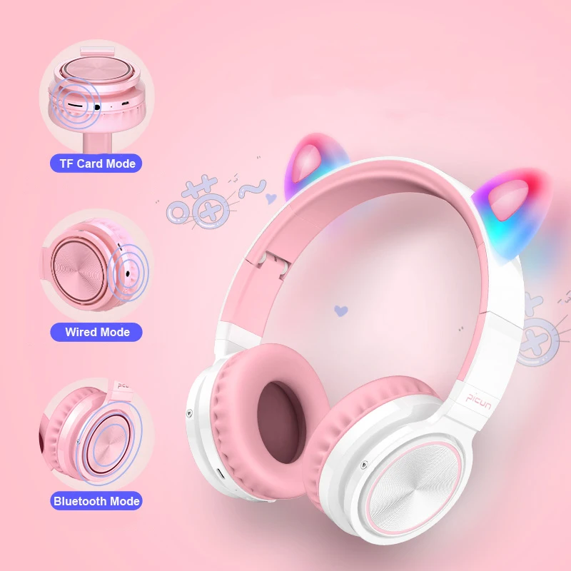 Наушники PICUN с кошачьими ушками Bluetooth 5 0 светодиодная подсветка шумоподавление