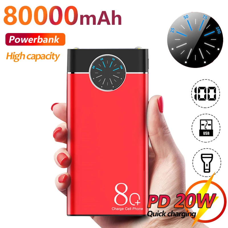 

80000mAh Power Bank Portable Rechargeable External Battery with LED Light Digital Display Charger for IPhone Xiaomi Mi PoverBank