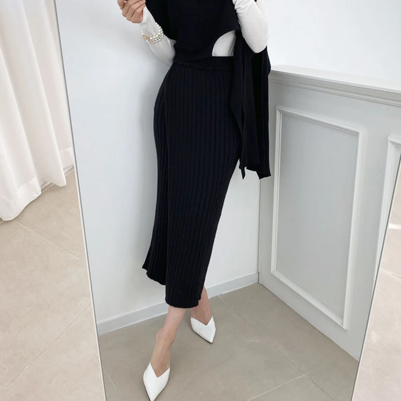 

Alien Kitty 2021 Chic All Match Solid Vintage Knitted Girls New High Waist Slim Gentle Slender Chic Brief Fashion Split Skirt