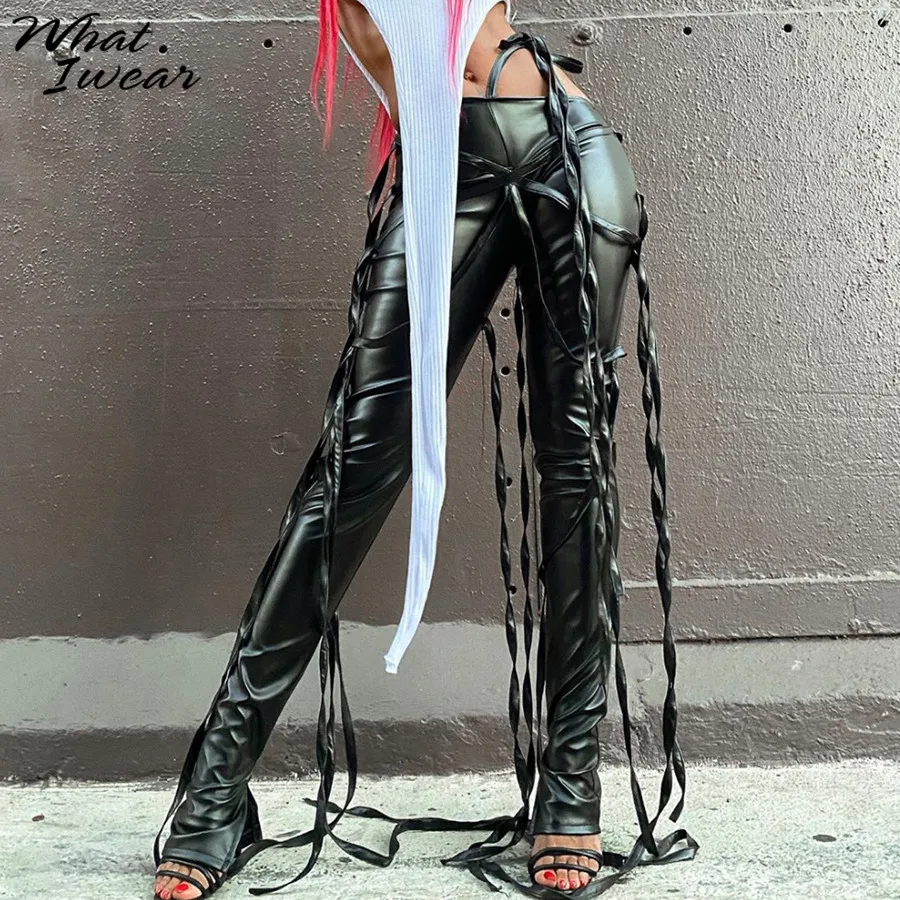 

Autumn Pu Leather Dark Gothic Vintage Pencil Pants Women Fashion Tassel Bottom Streetwear High Waist Skinny Femme Trousers