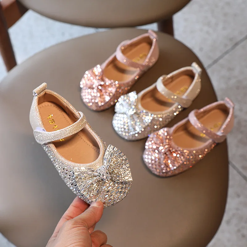 

Children Crystal Leather Shoes Rhinestone Bow Princess Girls Party Dance Shoes Baby Girl Flats Kids Performance Shoes Mary Janes