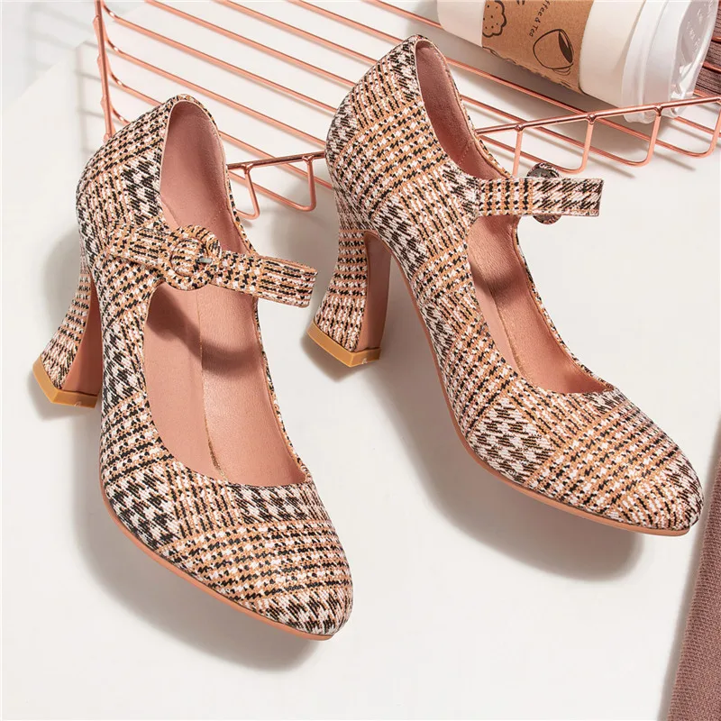 Spring Mary Jane Shoes High Heels Woman Pumps Block Heel Womens Brand Designer 2020 Dress Party Ladies Gingham Retro | Обувь