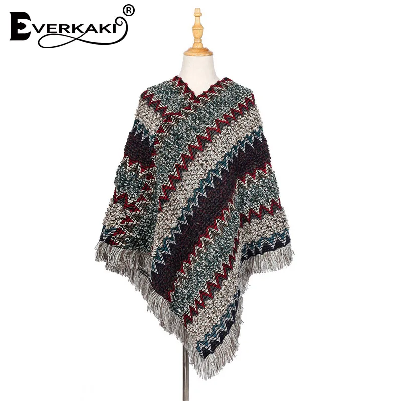 Everkaki кисточки Boho вязаный свитер шаль для женщин Обертывания толстый теплый богемный свитер шаль обертывания женский осень зима