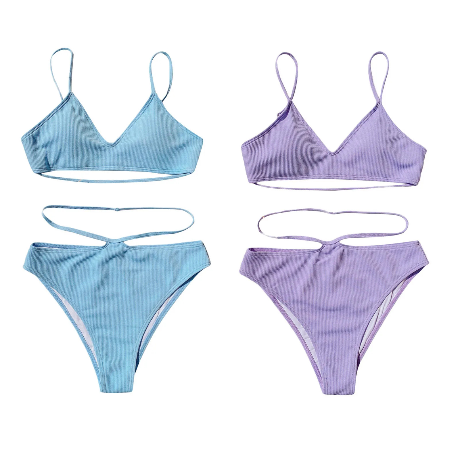 

Female Bikini Set, Solid Color Two-Piece Bathing Suit V-Neck Sleeveless Crop Tops+ Bikini Panties, Purple/Sky Blue