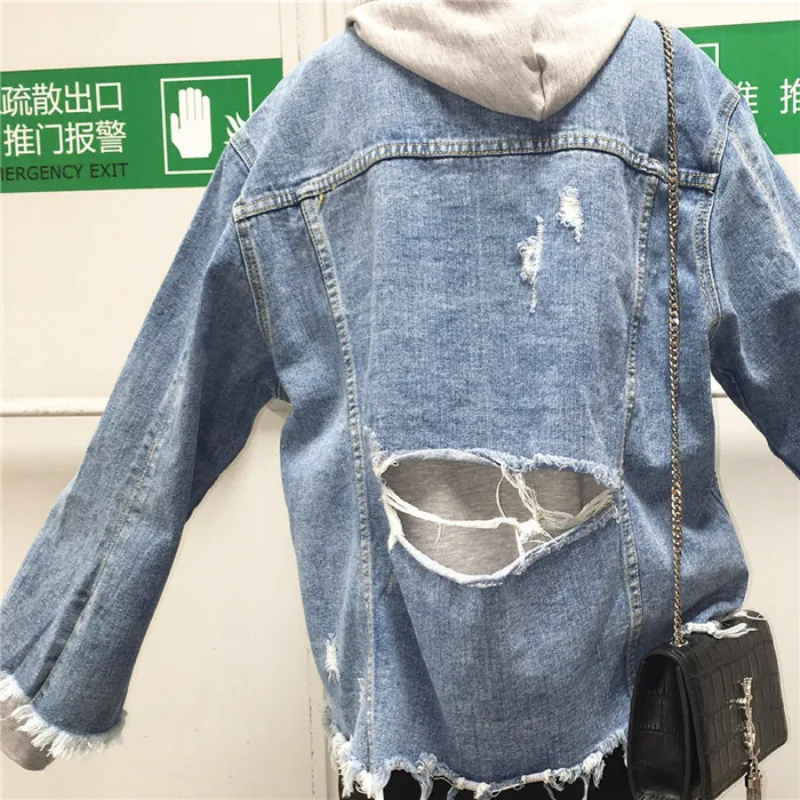 

Jackets Women Denim Hole Solid Pocket Frayed Harajuku Retro Ulzzang Single Breasted Vintage Streetwear Womens Clothing Casual