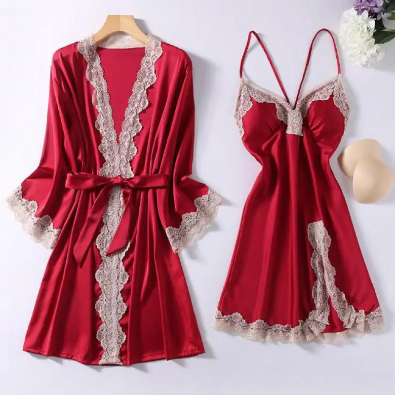 

Split Nightwear Kimono Robe Set 2021 Women Sleep Set Bathrobe Gown Casual Satin Nightgown Intimate Lingerie Burgundy Sleepwear