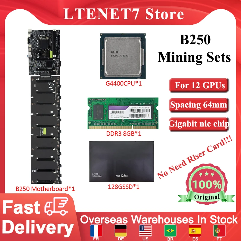 

Материнская плата B250 для майнинга с процессором G4400, 4/8 ГБ, DDR3, 128 Гб SSD, 10 * PCIE слот, карты расширения для графического процессора LGA1151, материнс...