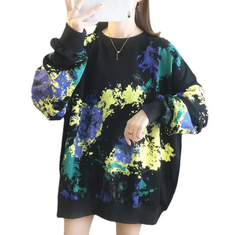 

Women's autumn 2021 new Korean print hoodie women's tide long sleeve round collar loose large size thin student coat