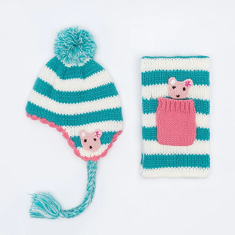 

Hat Scarf Set Girl Winter Fleece Earflap Beanie Pompom Warm Stripe Autumn Skiing Outdoor Accessory For Baby