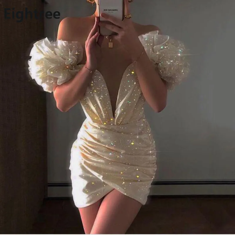 

Eightree Sparkly Sequined Short Prom Dresses Off The Shoulder Mini Prom Gowns Sexy Wedding Party Dress Evening Gown