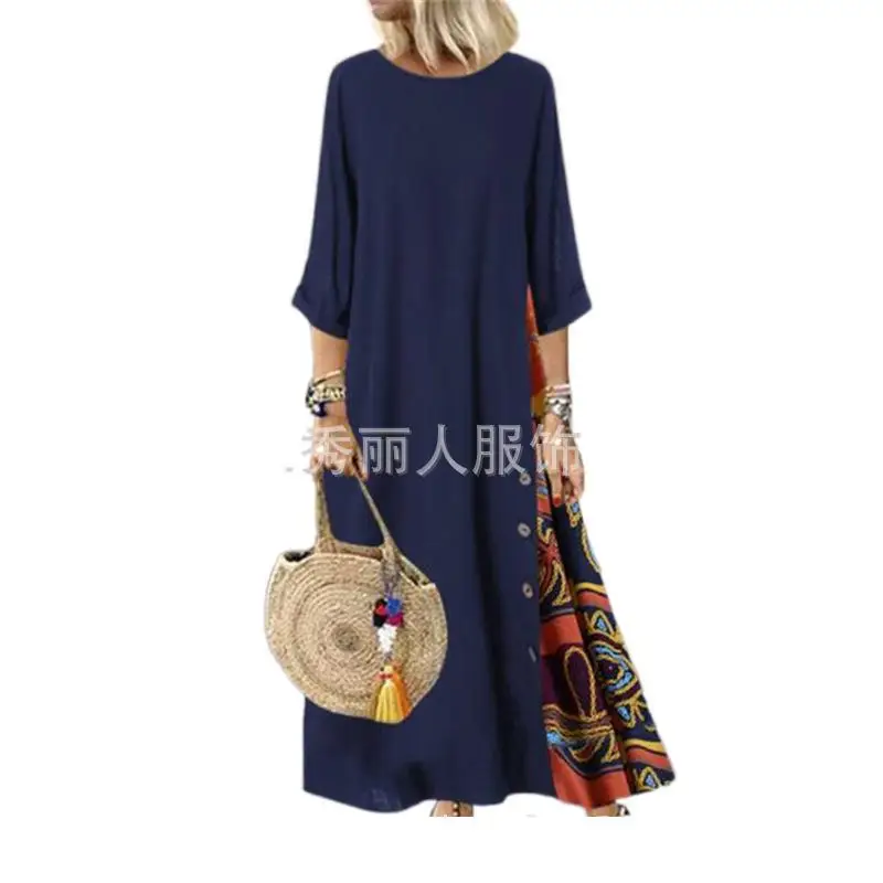 

Fashion Woman Cotton Linen Max Length Contrast Color Floral Casual Round Neck Button Stitching 3 / 4 Sleeve Dress