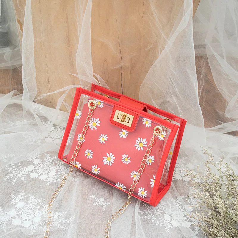 

Ladies Fashion Designer Transparent Printing 2pcs Composite Bag Sets Messenger Bag Casual Chain Shopping Travel Shoulder Purses