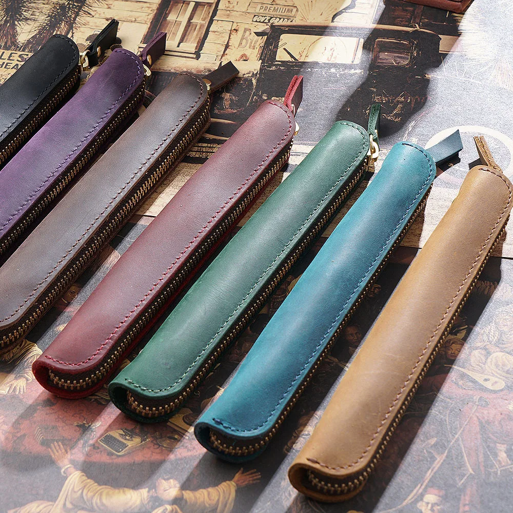 Genuine Leather Zipper Pen Bag Mini Small Pencil Case Apple Electronic Writing Pen Protective Sheath Creative Vintage Style