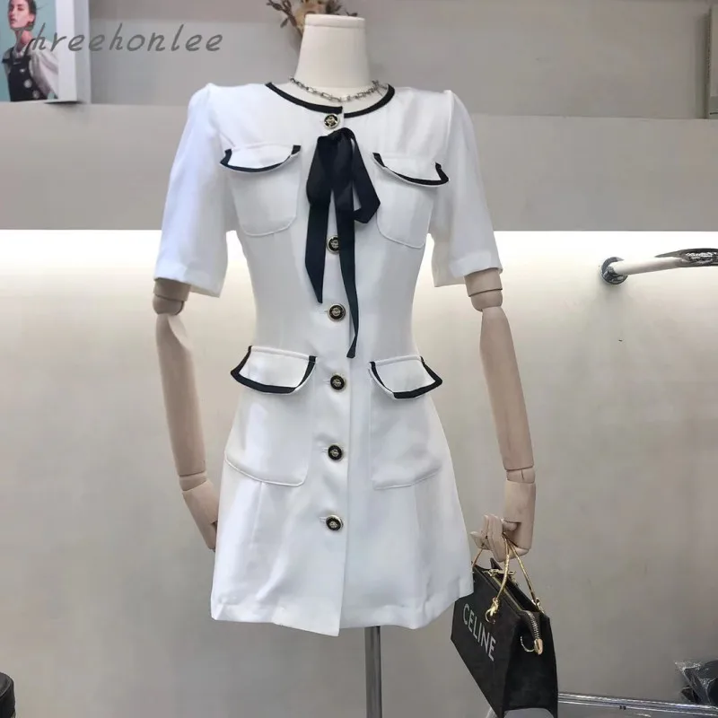 

Женское винтажное мини-платье с коротким рукавом, Элегантное однобортное ТРАПЕЦИЕВИДНОЕ платье с бантом и двумя карманами, лето 2021