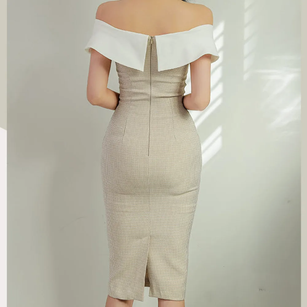 

BacklakeGirls 2021 Vintage Plaid Patchwork Office Work Vestidos Business Party Women Off Shoulder Short Sleeve Bodycon Dress