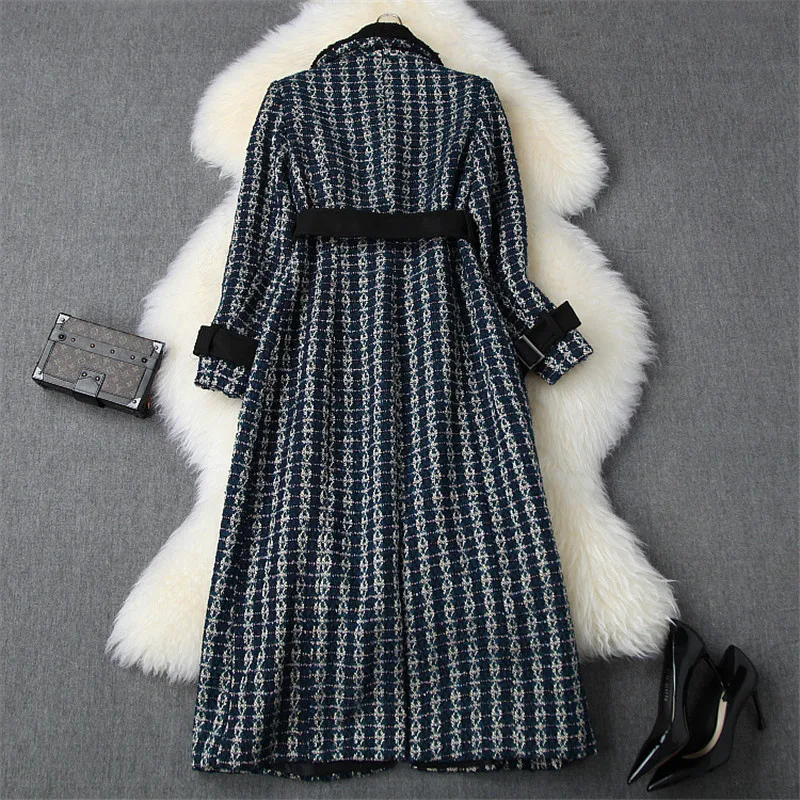 Runway Fashion Winter Tweed Woolen Jackets and Coats Women Elegant Lady Lace Up Vintage Long Wool Blend Overcoat Outerwear