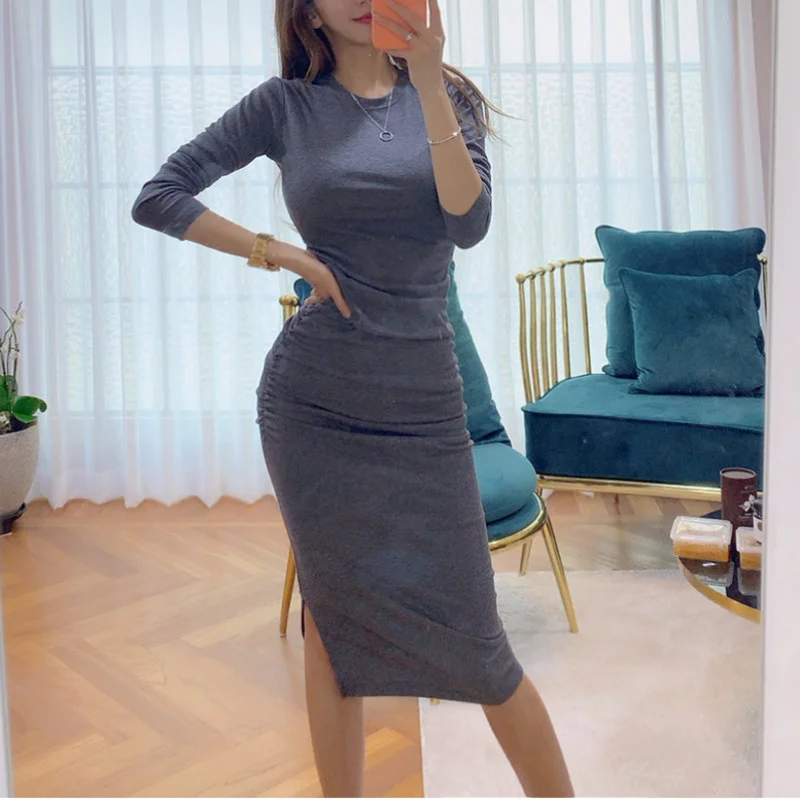 

TVVOVVIN Korea 2021 Autumn Winter New Feminine Elegant Pleated Split Slim Long Sleeve Dress Fashion Sweet Girl Female 42B1