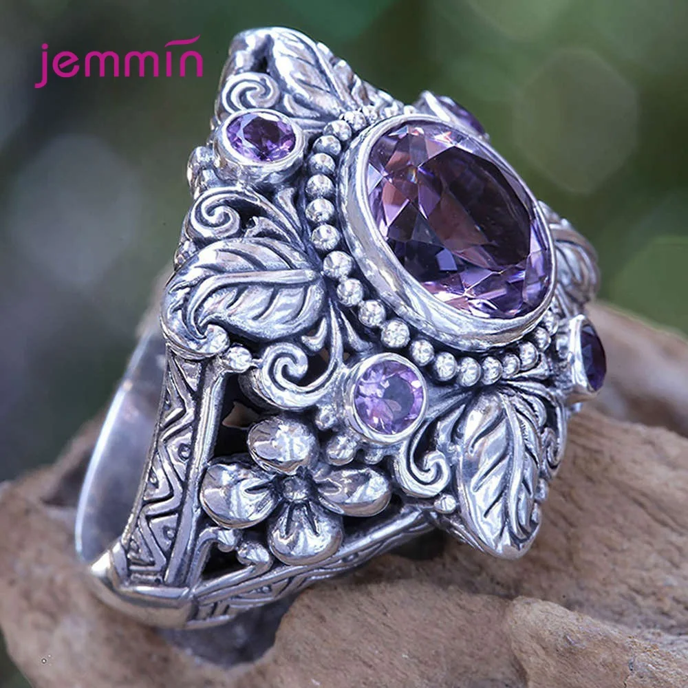 

Wholesale Classic Retro Flower Leaf Men's Rings With Purple Stones 925 Sterling Silver Vintage Jewelry Fashion Party Ring